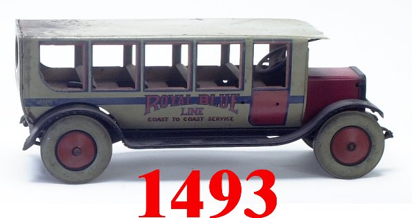 Chein Hercules Royal Blue Line Bus: Chein Hercules Royal Blue Line Bus - lithographed tin - g (large area of corrosion on roof and paint flaking on rear) - 18" l. - Estimate: 250 - 350