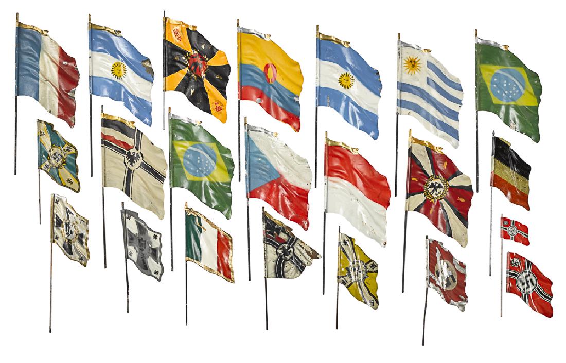 Group of twenty-two tin lithograph painted flags (1 of 1)