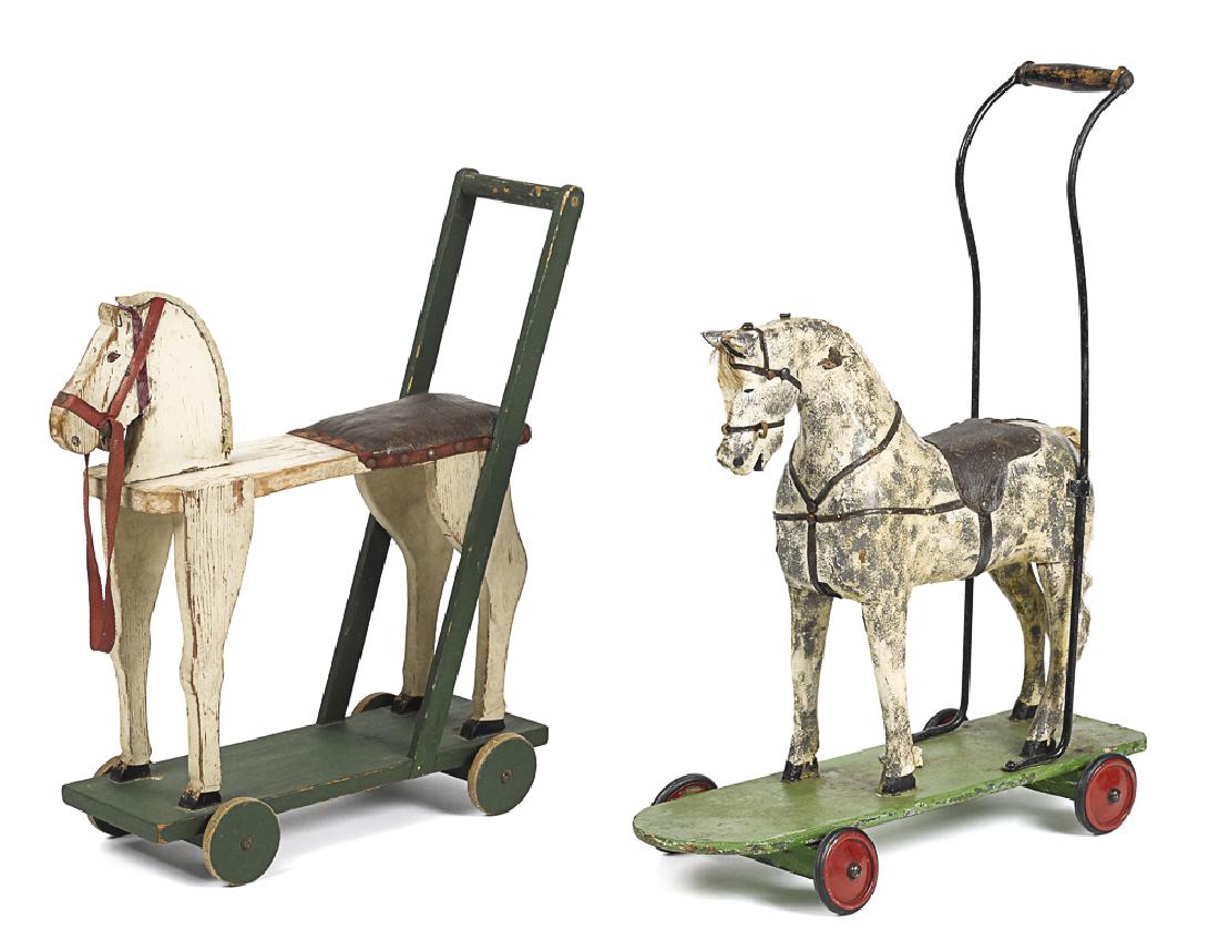 Two Primitive painted wood horse push toys (1 of 1)