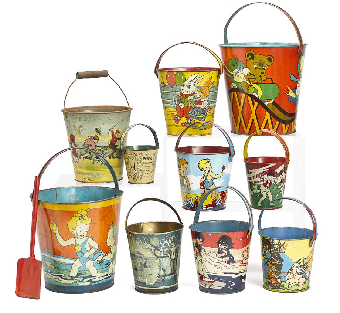 Collection of ten tin lithograph sand pails (1 of 1)