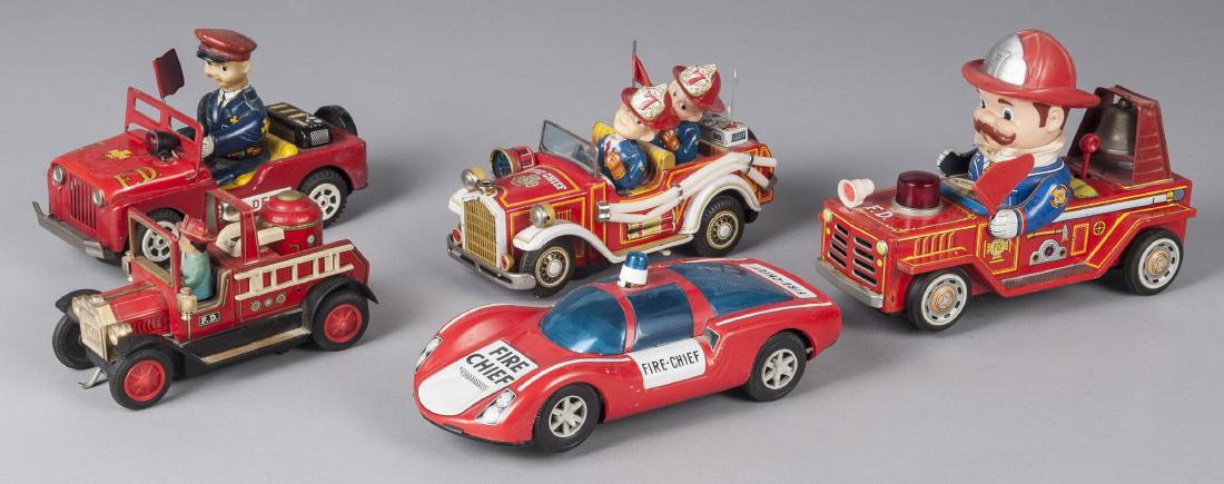 Five tin litho battery operated fire vehicles (1 of 1)