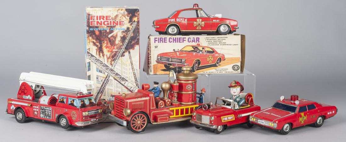 Six tin litho battery operated fire vehicles (1 of 2)