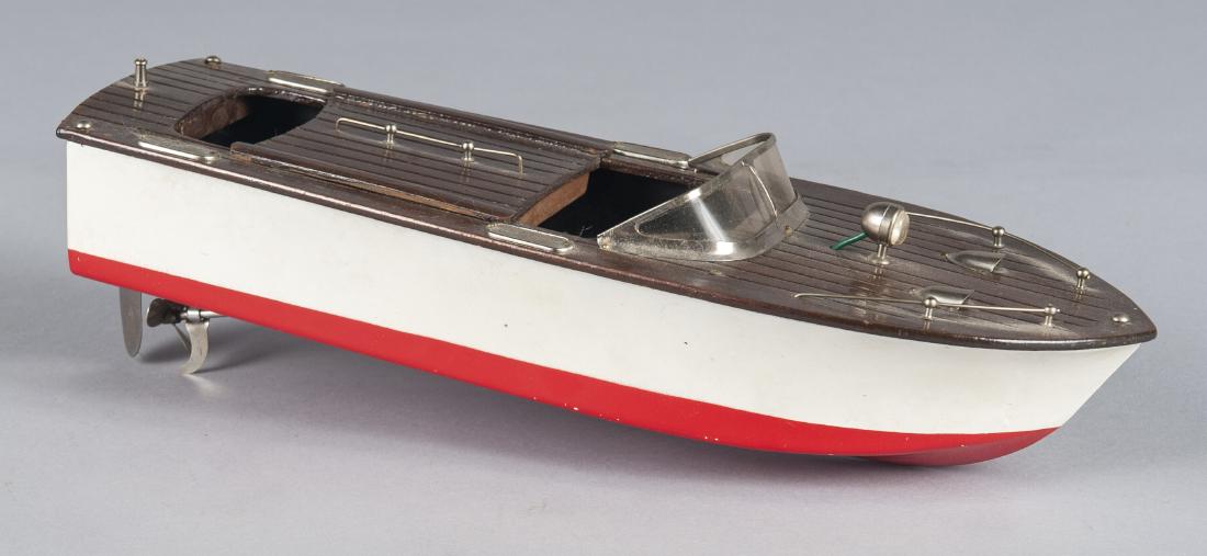 Japanese tin battery operated power boat: Japanese tin battery operated Fleet Line power boat, 13'' l.