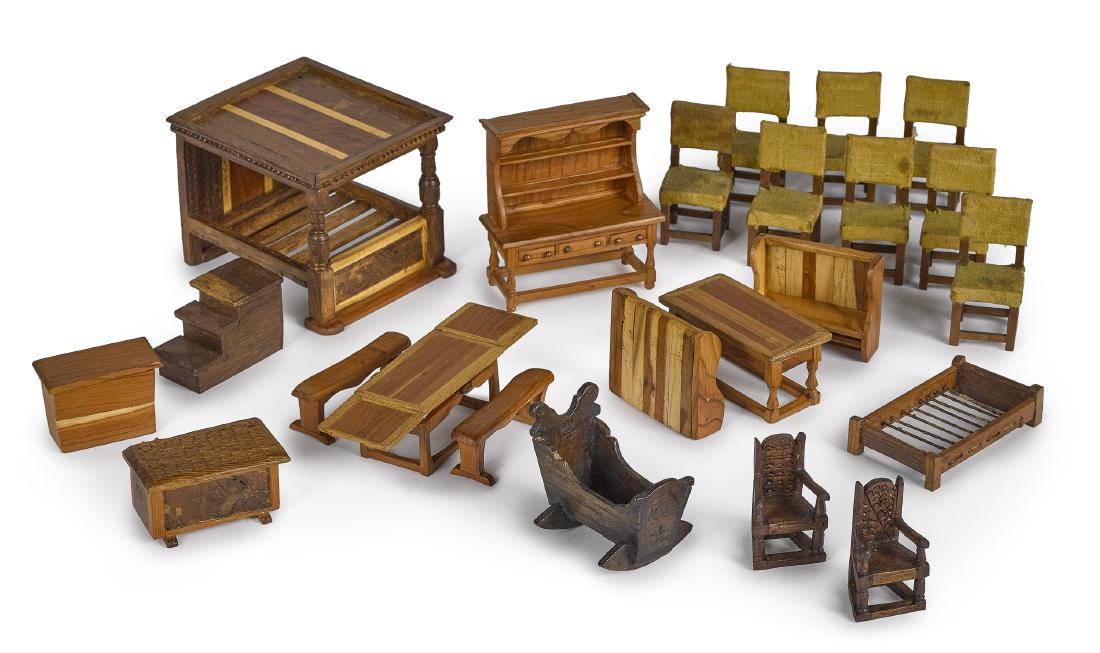 Artisan English dollhouse furniture: Artisan English dollhouse furniture, ca 1980-1981, the smaller scale grouping made in England by T. Tucker, of burr oak from Sussex, and 237 year old yew wood from Wallingswood, Surrey (all pieces are