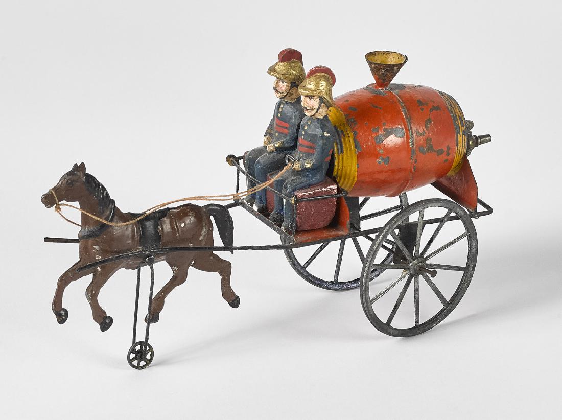 French painted tin horse drawn fire water wagon (1 of 2)