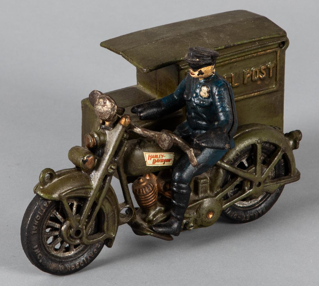 Reproduction cast iron Harley Davidson motorcycle: Reproduction cast iron Harley Davidson Parcel Post delivery motorcycle, 9 1/2'' l.