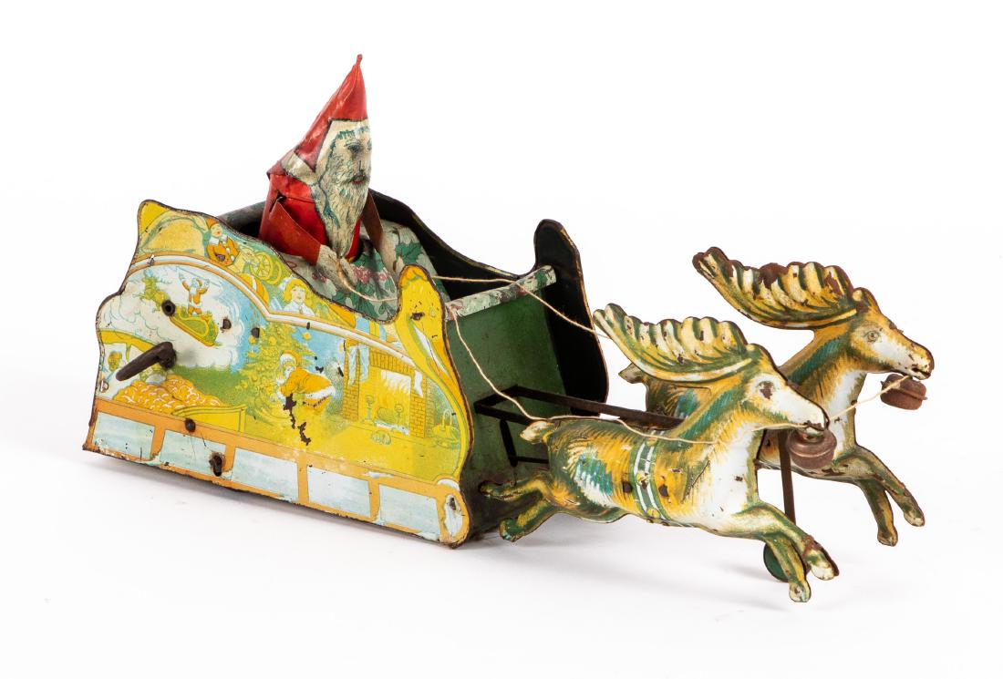 Strauss tin litho windup Santa Claus in sleigh: Strauss tin litho windup Santa Claus in sleigh, pulled by reindeer, 11'' l.