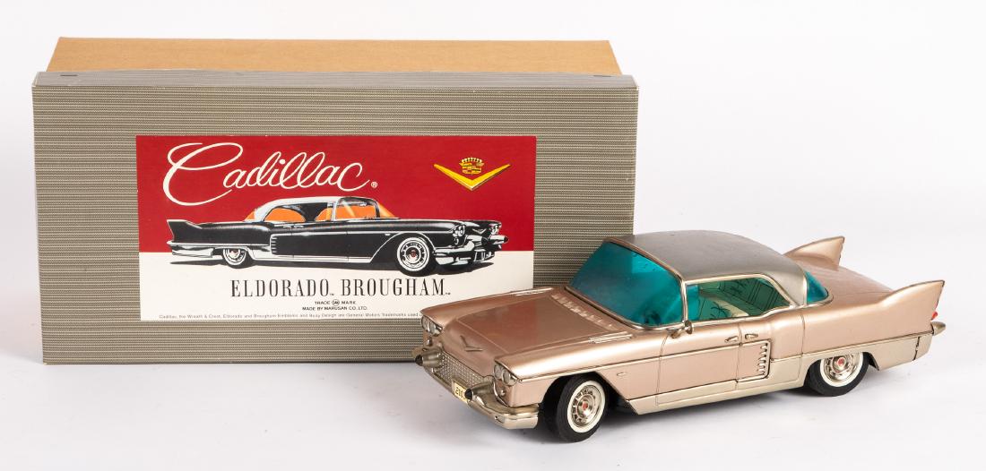 Contemporary Marusan 1957 Cadillac El Dorado: Contemporary Marusan tin friction 1957 Cadillac El Dorado, in original box with paperwork, 14 1/2'' l.