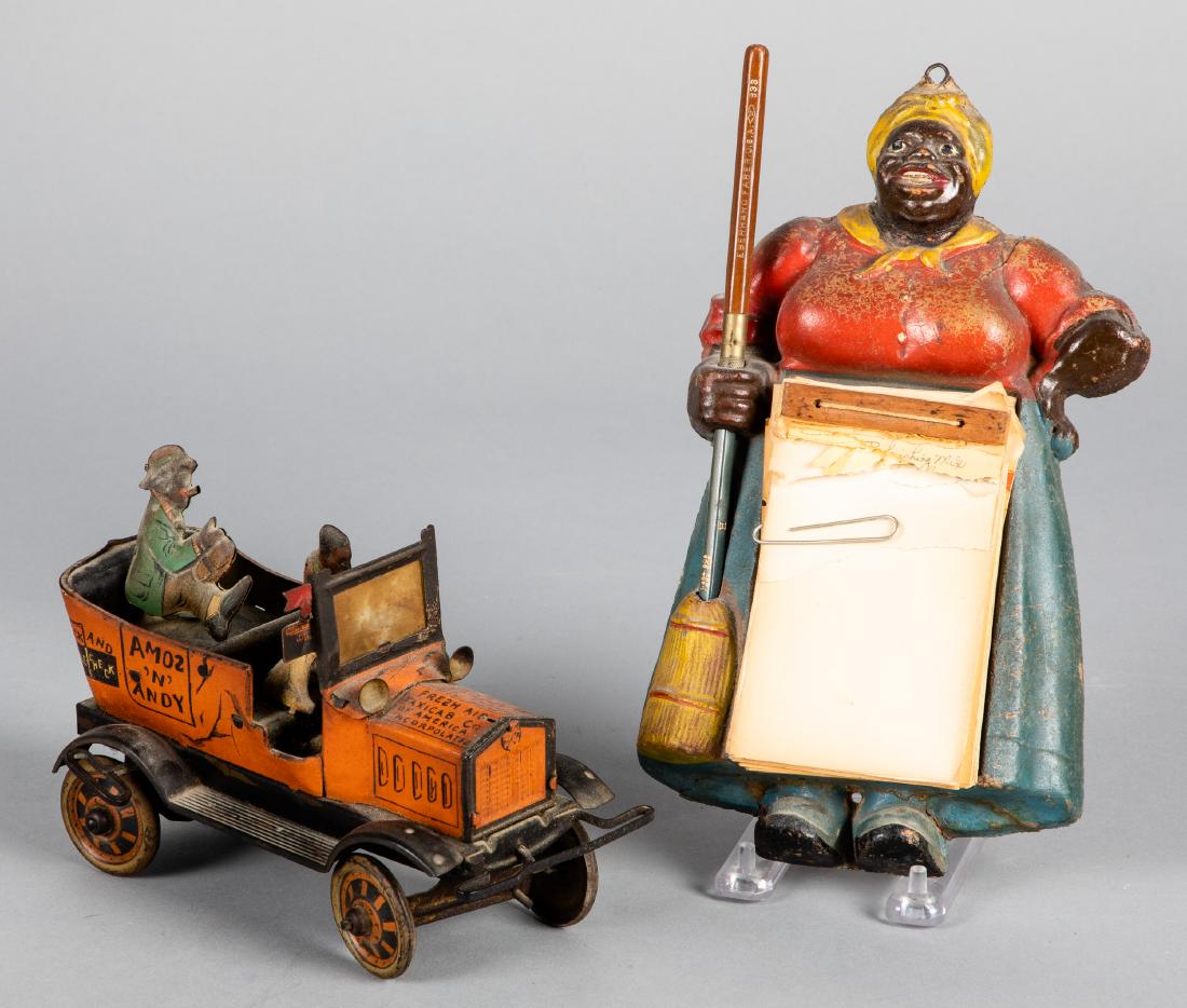 Marx tin litho wind-up Amos 'n Andy Taxi, etc.: Marx tin litho wind-up Amos 'n' Andy Fresh Air Taxi, 8'' l., together with an Aunt Jemima pressboard note pad holder, 10'' h.