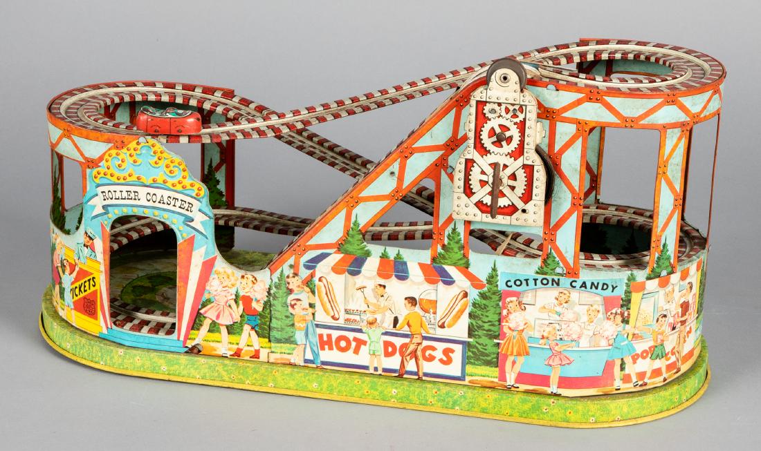 Chein tin litho wind-up roller coaster: Chein tin litho wind-up roller coaster, with a car, 9 1/2'' h.