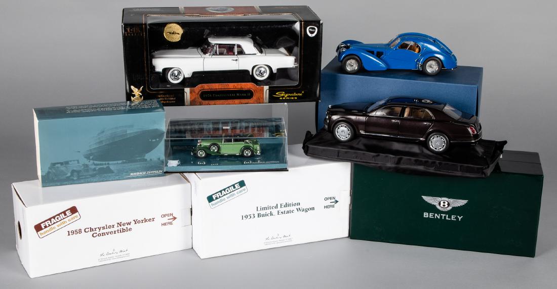Collection of die cast model cars: Collection of die cast model cars, in the original boxes, to include a Gateway Autoart 1938 Bugatti 57S Atlantic, Road Signature 1956 Continental Mark II, Minichamps Maybach Zeppelin, Minichamps Bentl