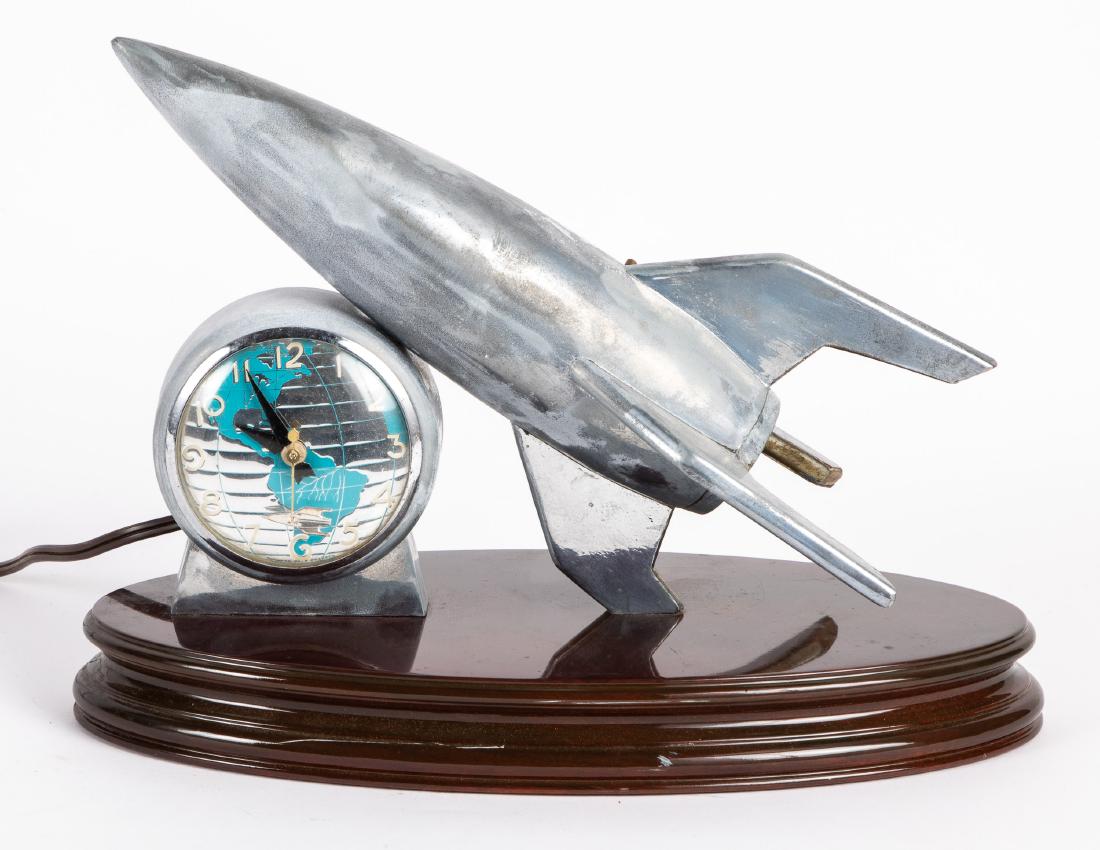 Lanshire chrome rocket ship clock: Lanshire chrome rocket ship clock, 15 1/2'' w.