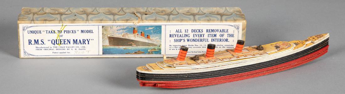 Chad Valley model of RMS Queen Mary: Chad Valley model of RMS Queen Mary, in the original box, 12'' l.