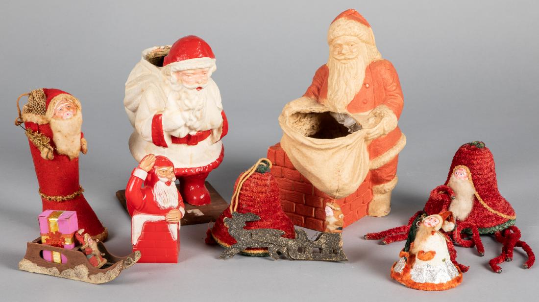 Collection of Christmas Santa Claus figures: Collection of Christmas Santa Claus figures, to include egg crate figures, a plastic Santa and chimney, bell ornaments, a cardboard Santa and sleigh with mica flakes, etc., tallest - 10 1/2'' h.