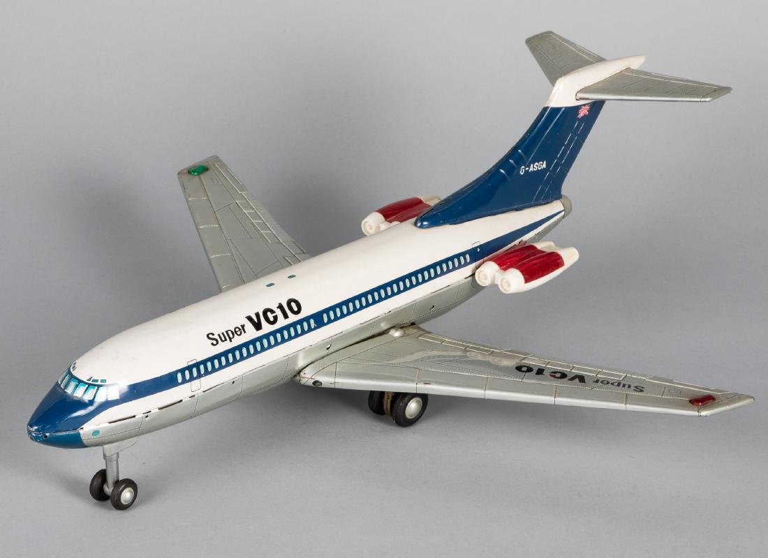 Japanese Modern Toys tin lithograph airplane: Japanese Modern Toys tin lithograph battery operated Super VC10 airplane, 19'' wingspan. Provenance: Estate of Jonathan Barrow, Los Angeles, California.