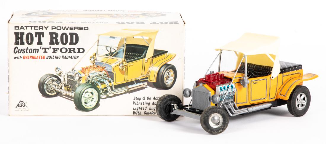 Japanese Alps tin lithograph battery operated car: Japanese Alps tin lithograph battery operated Hot Rod Custom T Ford car, in the original box, 10'' l. Provenance: Estate of Jonathan Barrow, Los Angeles, California.