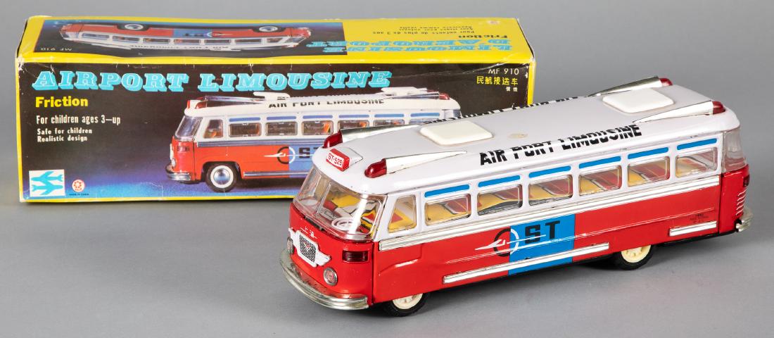 China tin lithograph friction Air Port Limousine: China tin lithograph friction Air Port Limousine bus, with the original box, 14'' l. Provenance: Estate of Jonathan Barrow, Los Angeles, California.