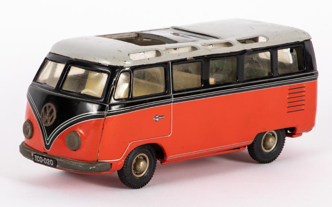 Tipp & Co. tin lithograph friction Volkswagen bus: Tipp & Co. tin lithograph friction Volkswagen Samba bus, with opening doors, 9'' l. Provenance: Estate of Jonathan Barrow, Los Angeles, California.