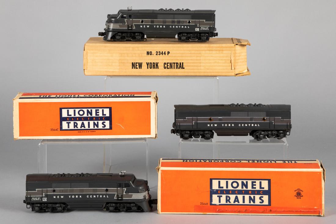 Lionel three piece New York Central train set: Lionel three piece New York Central train set, 0 gauge, to include #2344T, #2344C and #2344P, with original boxes. Provenance: Estate of Jonathan Barrow, Los Angeles, California.