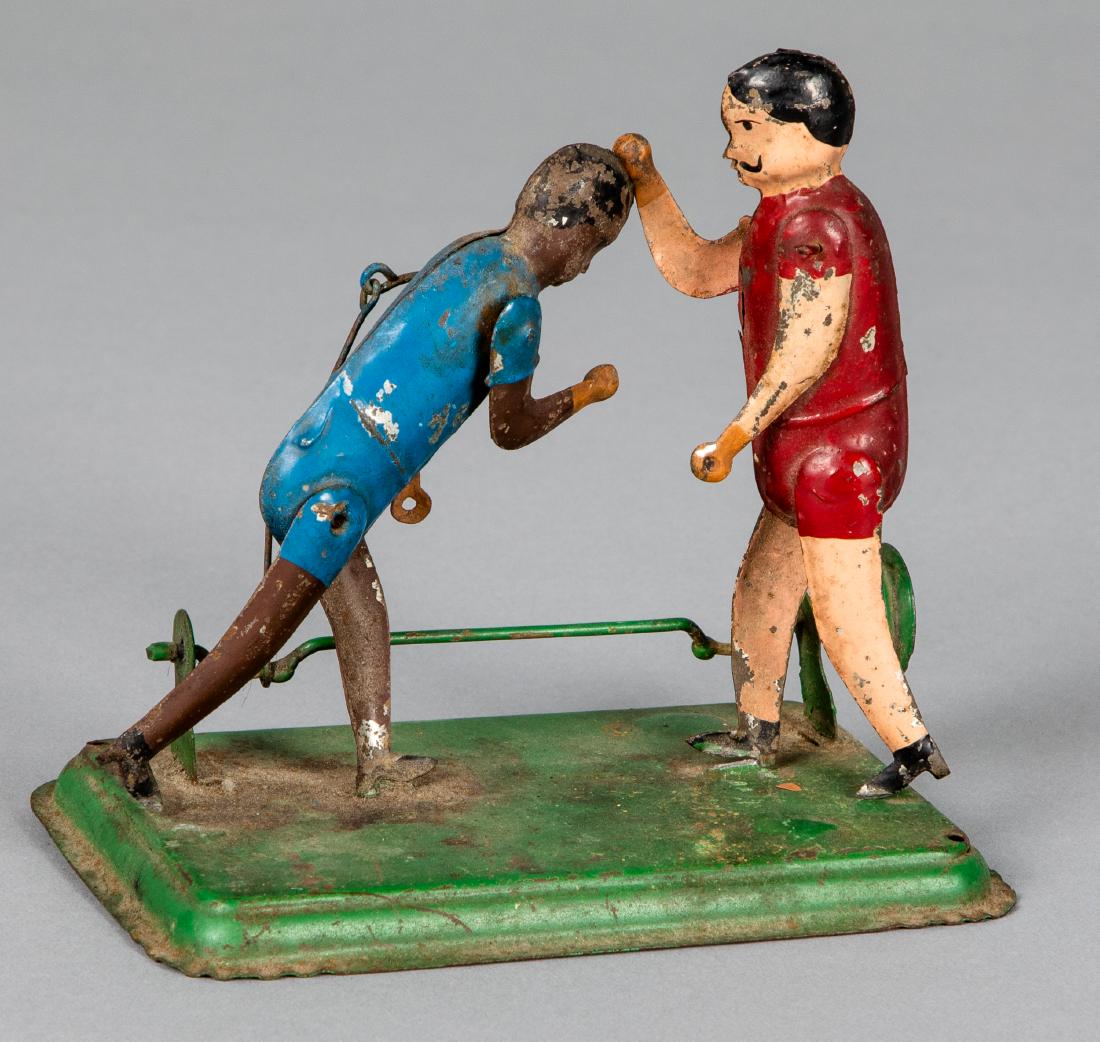 Painted tin boxers steam toy accessory: Painted tin boxers steam toy accessory, 4 1/2'' h. Provenance: Morton A. Hirschberg.