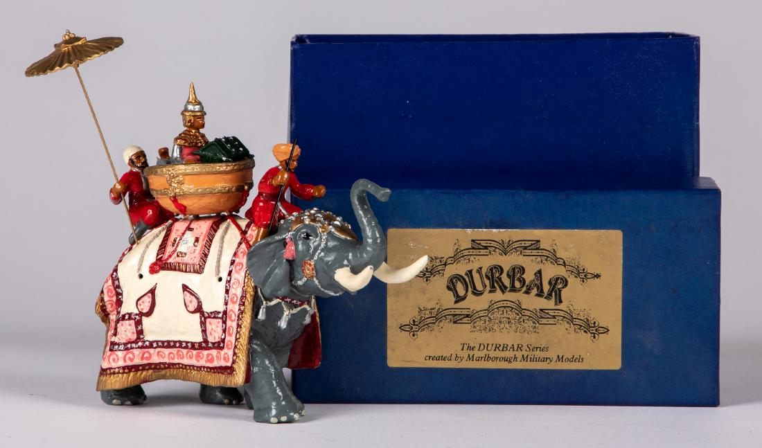 Marlborough Military Models painted lead elephant: Marlborough Military Models Durbar series painted lead elephant, and riders, in the original box, 6 1/2'' h.