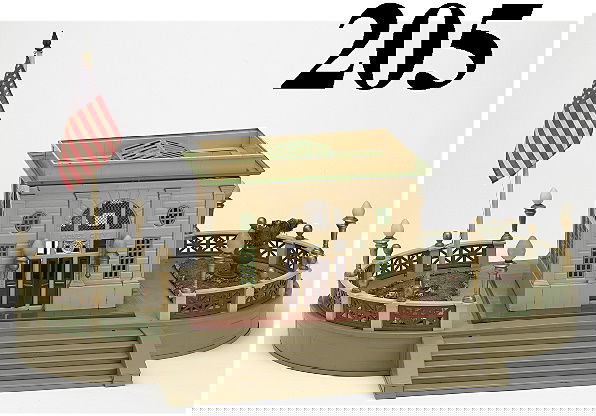 Lionel Terrace Station: beautiful original condition #113 station (roof detached) on #129 mohave terrace with original landscape panels and flag (white railings and sconces restored) Dimensions:30" w., 18" deep