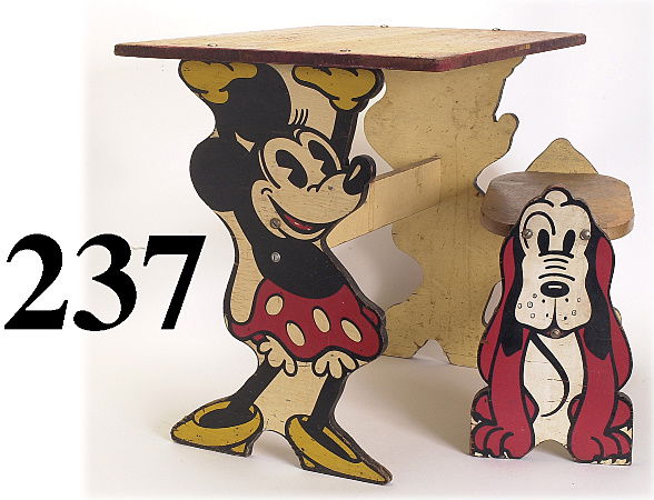Table with Mickey and Minnie Supports and Pluto be: painted and printed wood, these are 2 pieces form a scarce set of children's furniture was made by Kroehler in 1934-1935, Mickey supports one end of the table while Minnie supports the other, the Plut