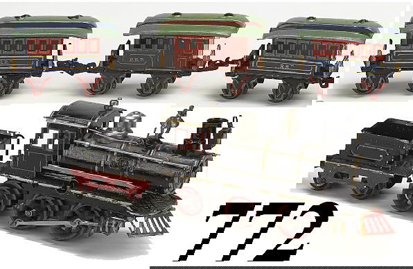 Marklin 0 Gauge 0-4-2 Passenger Set: hand enameled American style locomotive & tender, brown PRR combine & 2 blue coaches, all with green roofs Dimensions:e + t-12" l., cars-$" l.