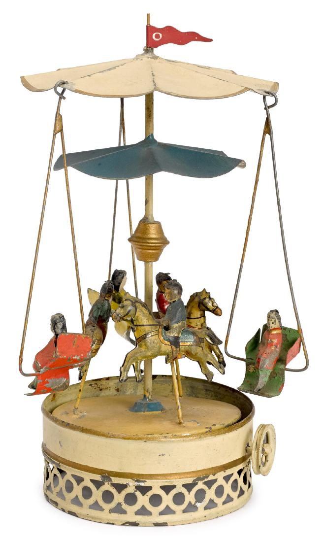 Carette horse carousel steam toy accessory: Carette painted tin horse carousel steam toy accessory, #138, with three horse and riders, and three swings on canopy with painted tin riders, 9 1/2'' h. Pictured in Morton A. Hirschberg Steam Toys - 