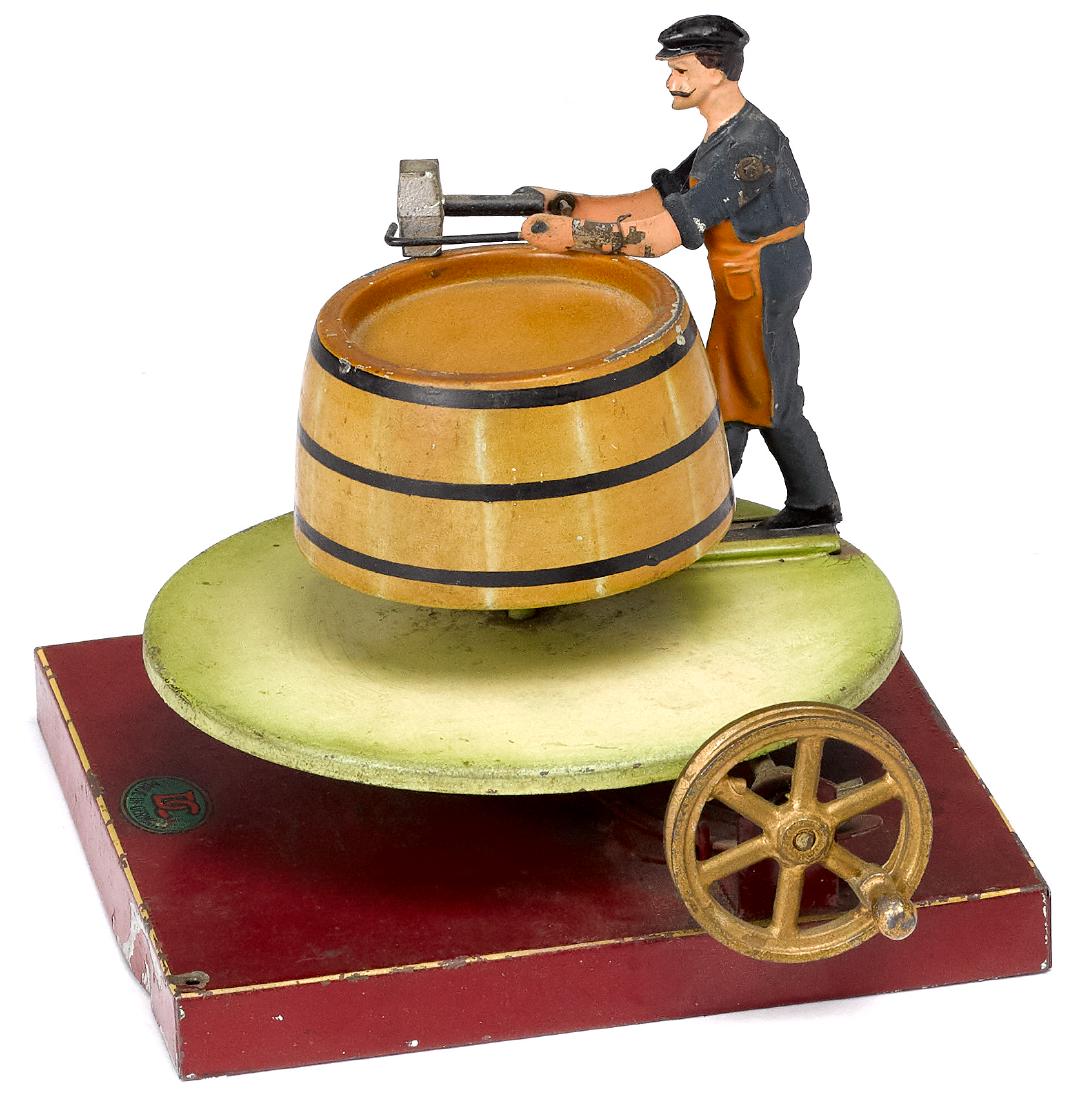 Doll painted tin barrel maker steam toy accessory: Doll painted tin barrel maker steam toy accessory, #644, 4 1/2'' h. Pictured in Morton A. Hirschberg Steam Toys - A Symphony in Motion, page 110. Provenance: Morton A. Hirschberg Steam Toy Collection.