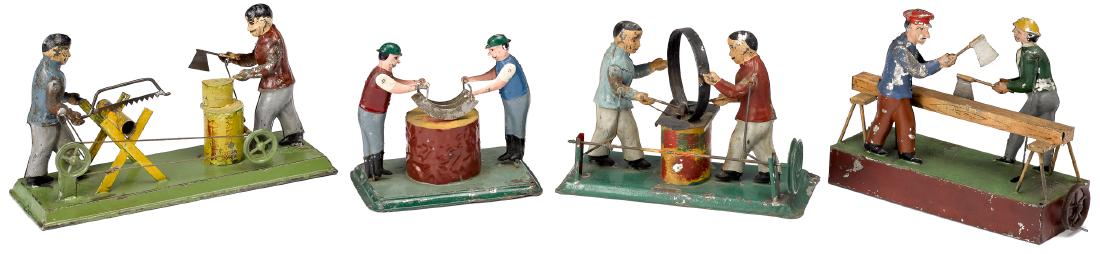Four painted tin workmen steam toy accessories: Four painted tin workmen steam toy accessories, each with two figures, to include a sawyer and a man with axe, choppers, two woodsman with axes, and coopers, tallest - 5''. Provenance: Morton A. Hirsc