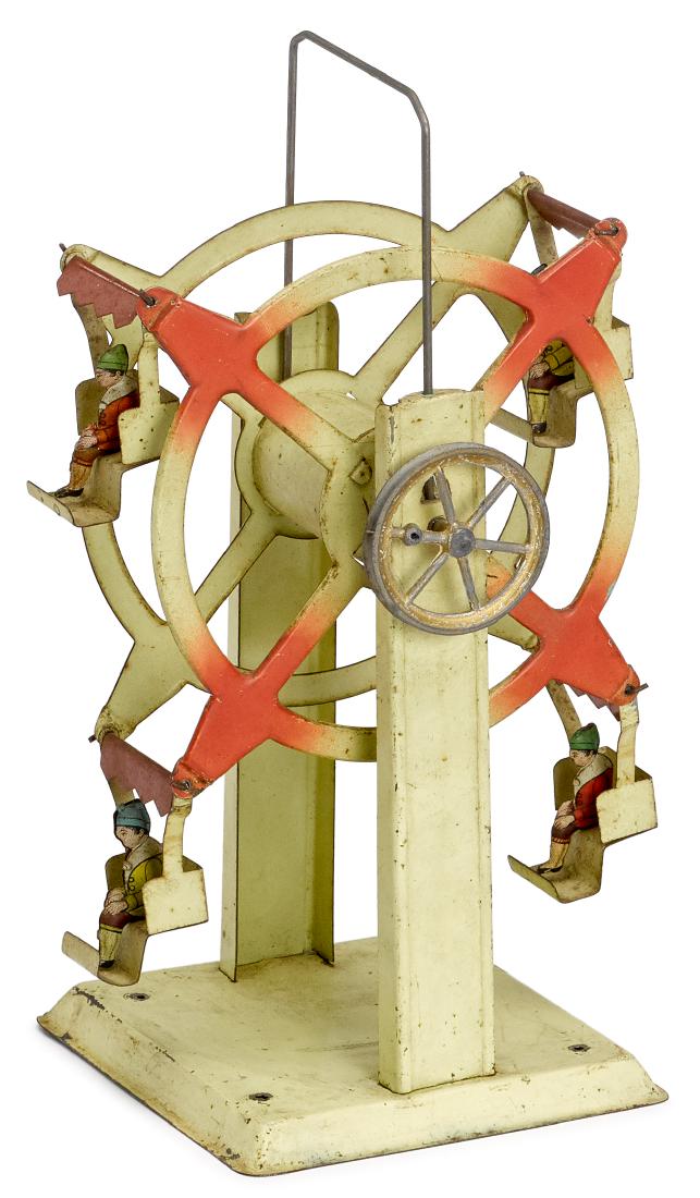 Ferris wheel steam toy accessory: Painted and tin lithograph Ferris wheel steam toy accessory, with four gondolas, 9 3/4'' h. Provenance: Morton A. Hirschberg Steam Toy Collection.