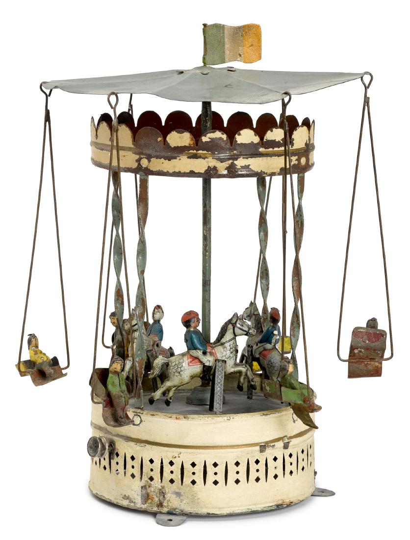 Carousel steam toy accessory: Painted and tin lithograph carousel steam toy accessory, probably Gunthermann, having three horse and riders with six swings around the canopy, each with a painted composition rider, 12'' h. Pictured