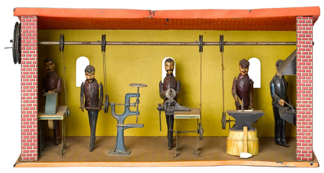 Carette tin lithograph factory steam toy accessory: Carette tin lithograph factory steam toy accessory, #626/20, with five workers, to include a grinder, a drill press operator, a filer, a smith at an anvil, and a smith at bellows, 8 3/4'' h., 16 1/4''
