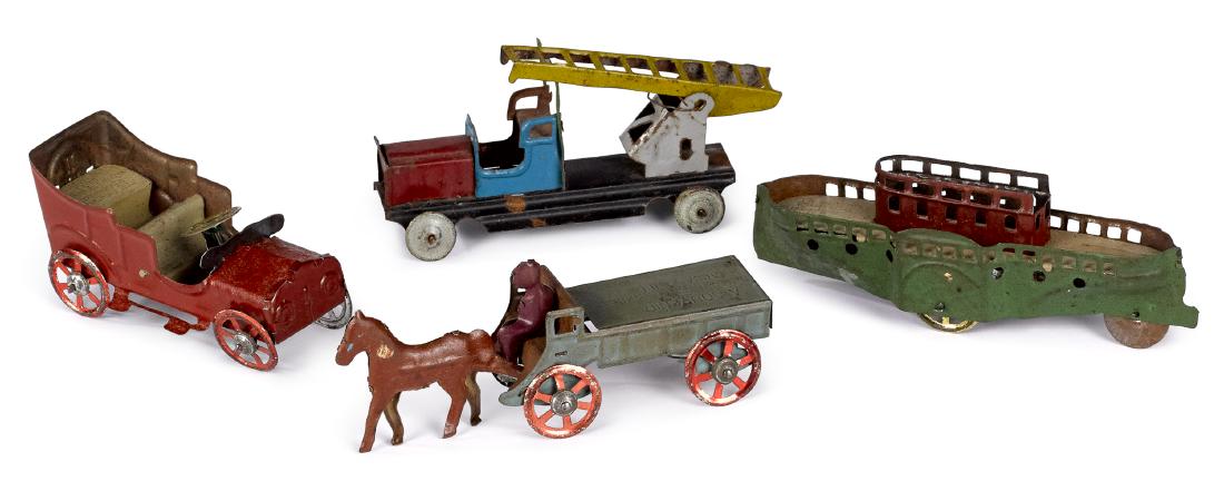 Four tin lithograph penny toys: Four tin lithograph Universal Theatres Concession Co. Chicago penny toys, to include a horse drawn cart, a ladder truck, a side wheeler boat, and a touring car, largest - 4 3/4'' l.