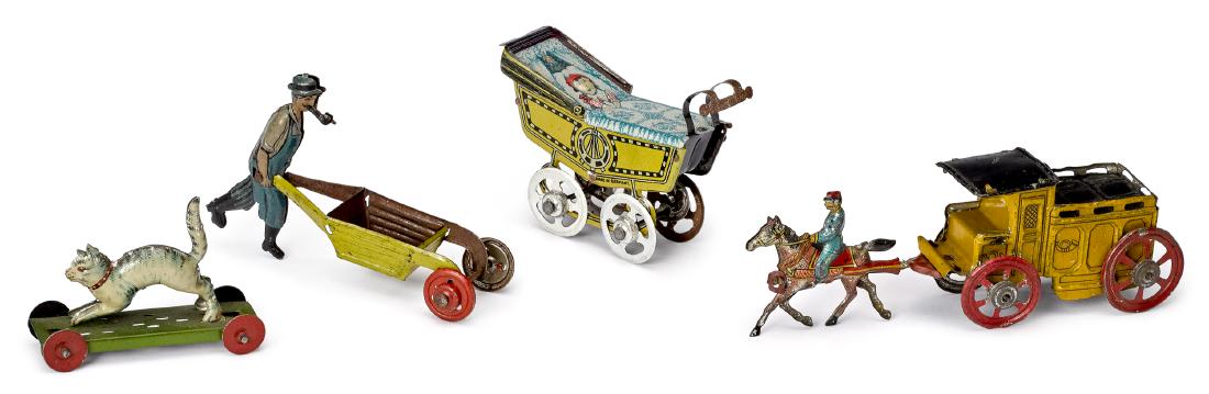 Four tin lithograph penny toys: Four tin lithograph penny toys, to include a baby carriage, a cat, a man with a wheelbarrow, and a horse drawn carriage, longest - 4 1/2''.