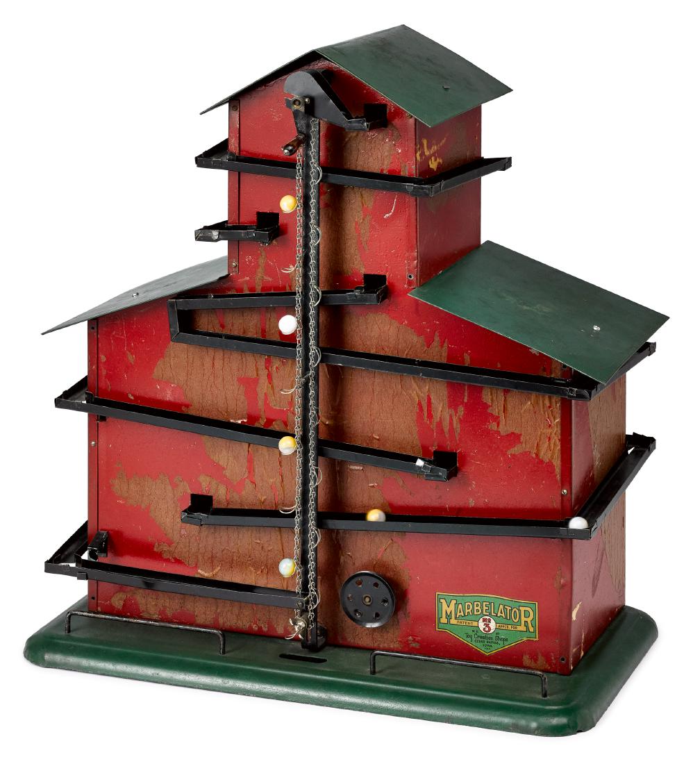 Toy Creation Shops tin hand crank marble toy: Toy Creation Shops tin Marbelator No. 3 hand crank marble toy, with chain elevator, 22 1/2'' h., 21'' w.