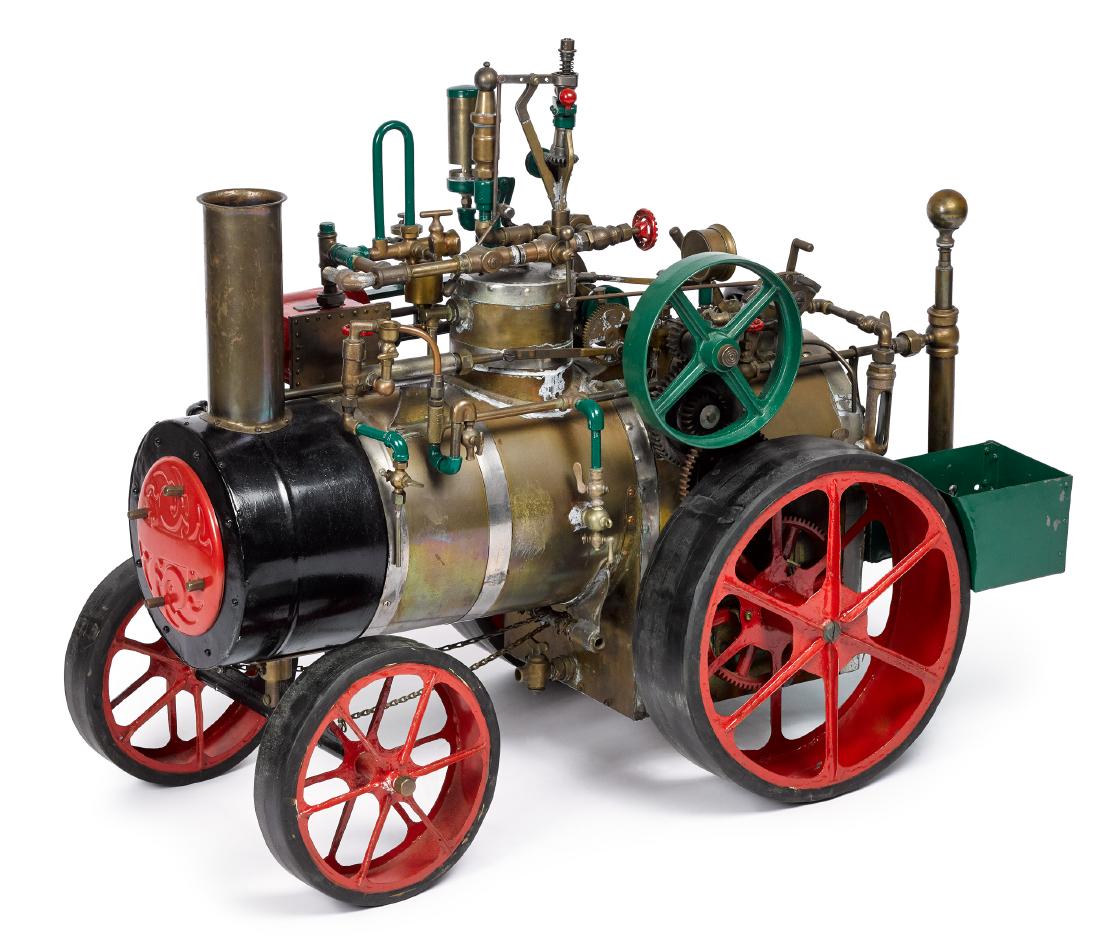 Massive live steam traction engine model: Massive live steam traction engine model, with a brass cap engraved 1928 A. B Wilson Melvin IA, with tin placard inscribed No. 15, Model A and a placard on boiler inscribed tested to 50 pounds, with b
