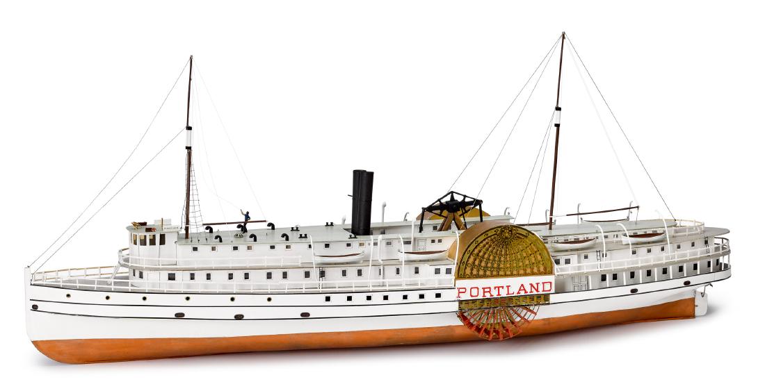Painted wood Portland sidewheeler ship model: Painted wood Portland side wheeler model boat, 37'' l.
