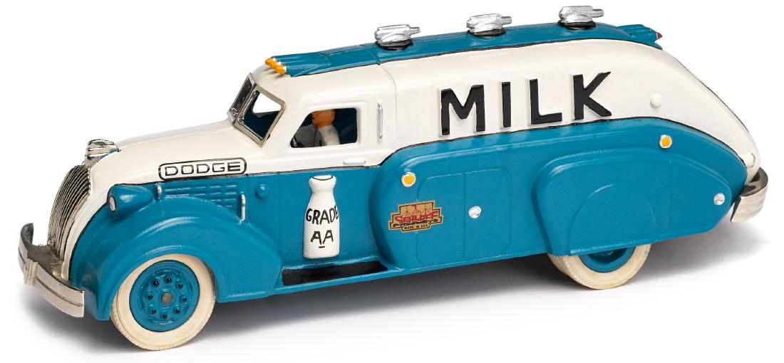 Contemporary cast iron Dodge milk delivery van: Sehloff contemporary cast iron Dodge milk delivery van, signed and dated 10/91, #2 of 3, with nickel plated grill and bumpers and painted cast iron driver, 14 1/4'' l. Provenance: Collection of Bill a