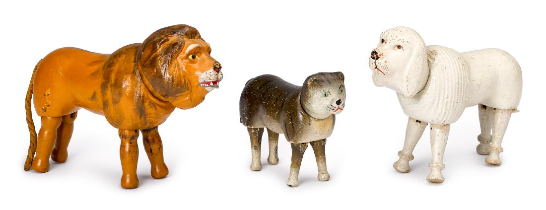 Three Schoenhut painted eye animals: Three Schoenhut circus painted eye animals, to include a lion, a poodle and a cat, longest - 8''.