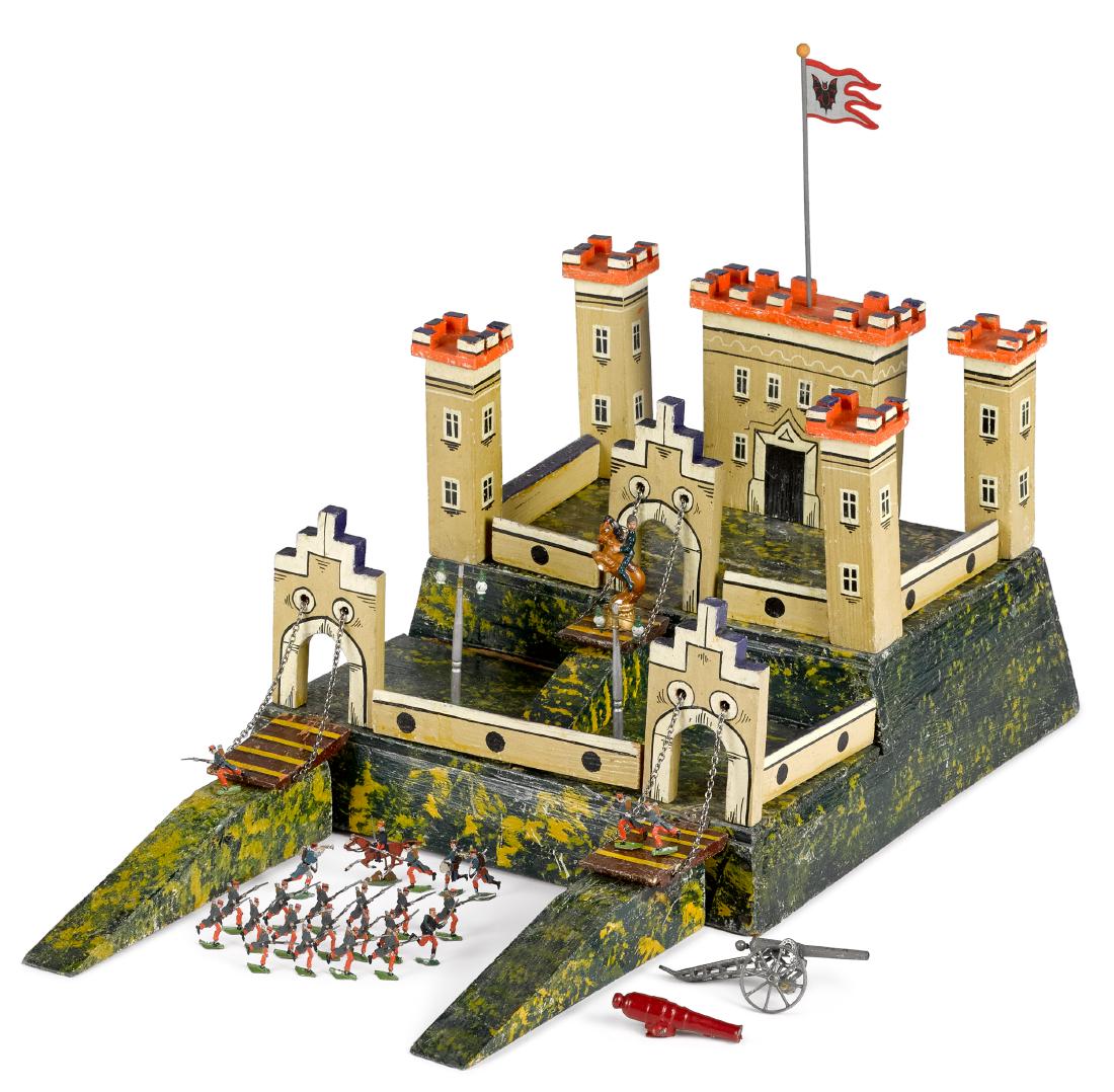 German painted wood fort: German painted wood fort, with painted lead French soldiers, 10'' h., 13 1/4'' w. Provenance: Collection of Bill and Stevie Weart.