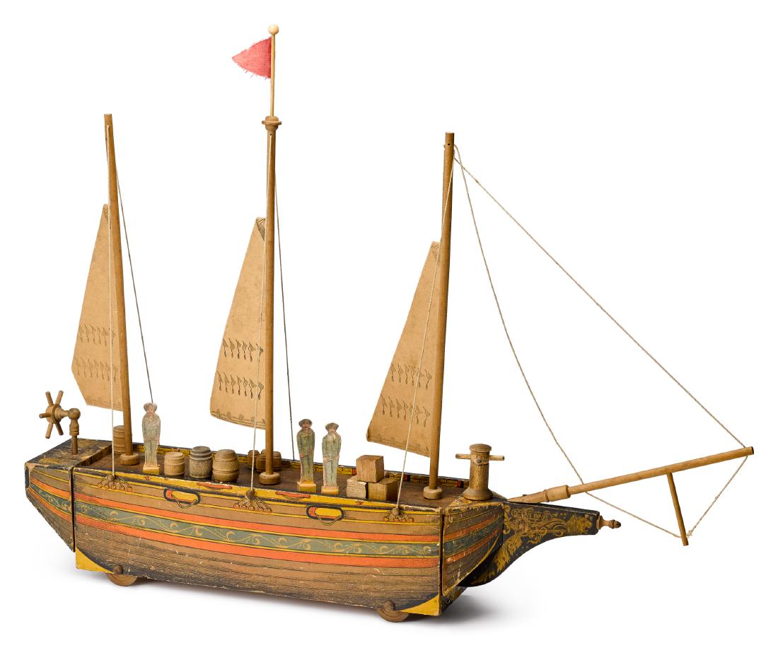 W. S. Reed Ocean Wave three masted ship: W. S. Reed paper lithograph over wood Ocean Wave three masted ship, with printed cardboard sails and three sailors, 34'' l.