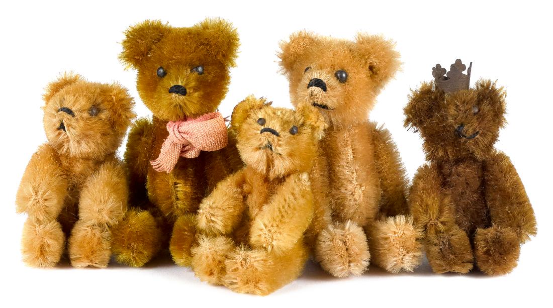 Five miniature Schuco mohair teddy bears: Five miniature Schuco mohair teddy bears, ca. 1950's, to include a Berlin bear, tallest - 3 1/2''. Provenance: The Estate of Raymond and Nadine Gravatt, Ravenwood Farm, Cream Ridge, New Jersey.