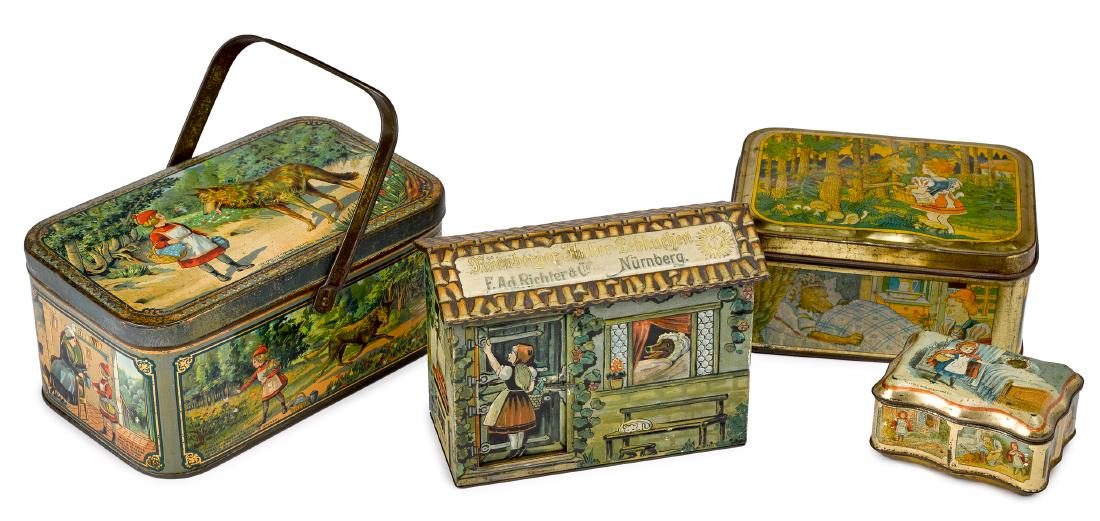 Four Little Red Riding Hood lithographed tins: Four Little Red Riding Hood lithographed tins, to include a German Anker-Lebkuchen, a Nürnberg embossed biscuit tin, a Champions Mustard tin, a French child's lunch basket, etc., basket - 4'' h., 8 3