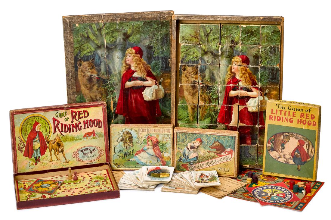 Little Red Riding Hood games and puzzles: Collection of Little Red Riding Hood games and puzzles, to include McLoughlin Bros., Samuel Lowe, Parker Brothers, and paper lithograph over wood puzzle in original box, 15'' x 11 1/4''.