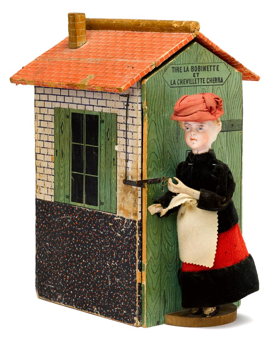 French Little Red Riding Hood at cottage: French Jean-Marie Lecomte Little Red Riding Hood at cottage, paper lithograph over wood, the door inscribed Tire La Bobinette Et La Chevillette Cherra (pull the cord and the latch will fall), with a m