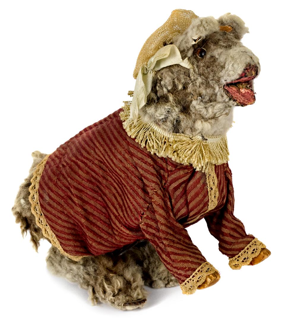 Clockwork Little Red Riding Hood big bad wolf: Unusual clockwork Little Red Riding Hood big bad wolf, probably French, the wolf dressed as grandma, 7'' h.