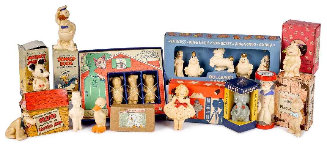 Collection of figural character soaps: Collection of figural character soaps, most in the original boxes, to include the Three Little Pigs, Mickey Mouse, Pinocchio, Gulliver's Travels, The Ugly Duckling, Pluto, Popeye, Ferdinand, Shirley T