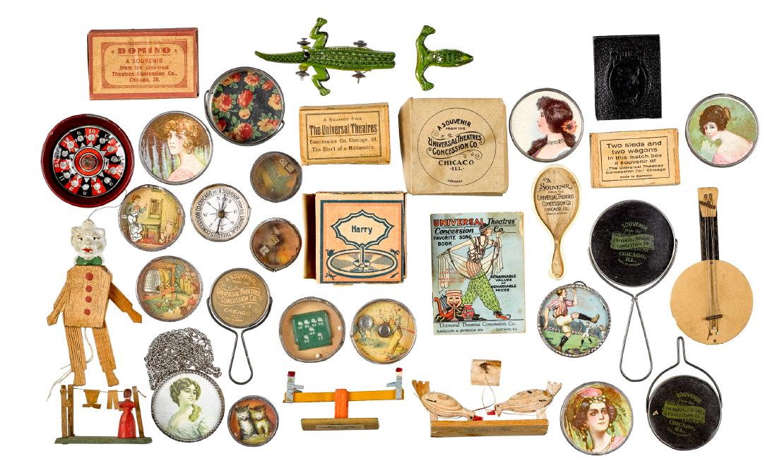 Collection of advertising toys: Collection of Universal Theatres Concession Co. Chicago advertising toys, to include two dice games, five dexterity games, a song book, a roulette wheel with original box, a guitar, a wood clown jumpi